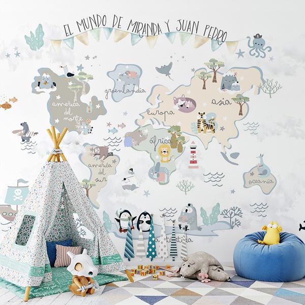 Mural infantil mapamundi Fantasia con texto personalizable